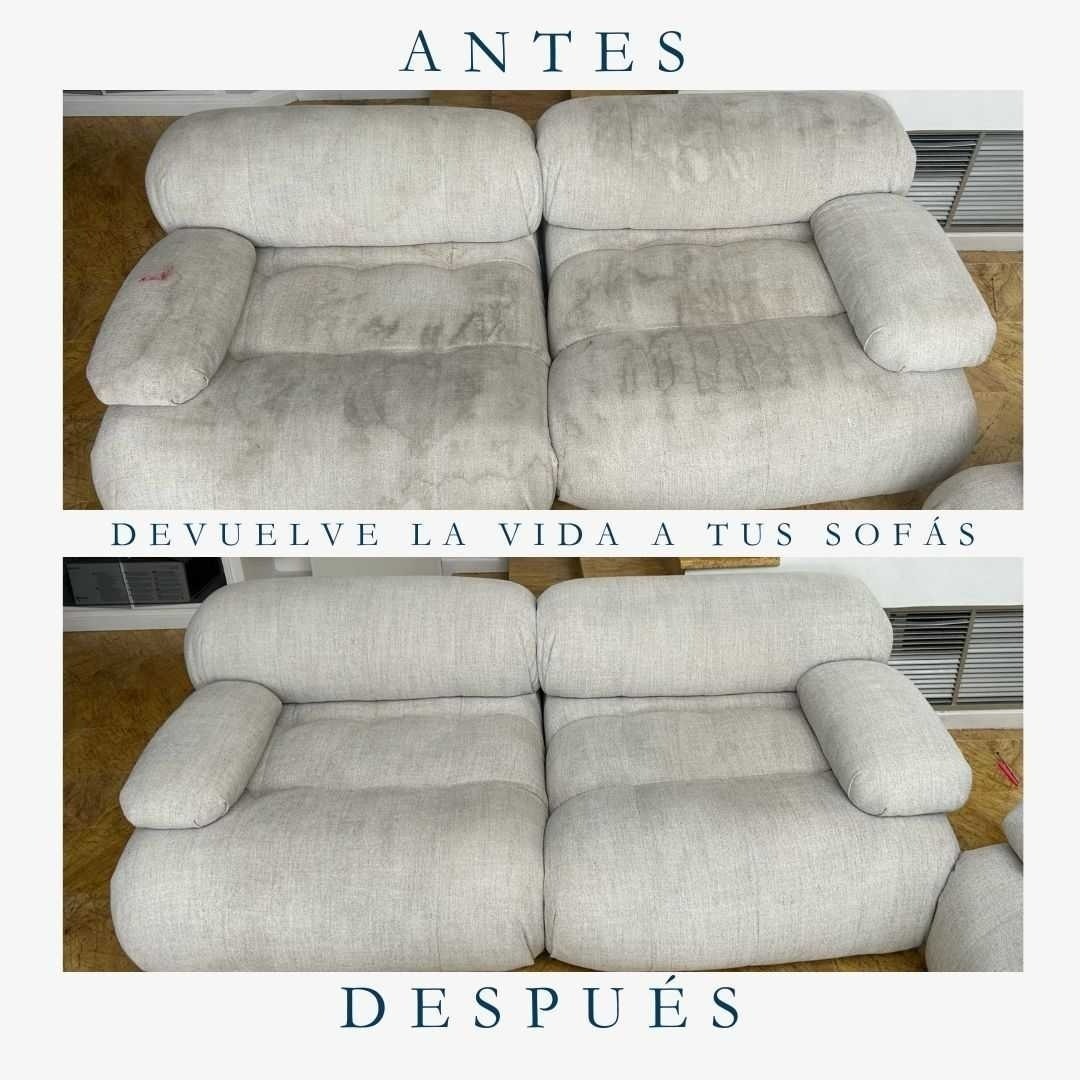 Resultado profesional de limpieza de sofás a domicilio en Alicante mostrando la transformación completa de tapicerías antes y después del servicio especializado